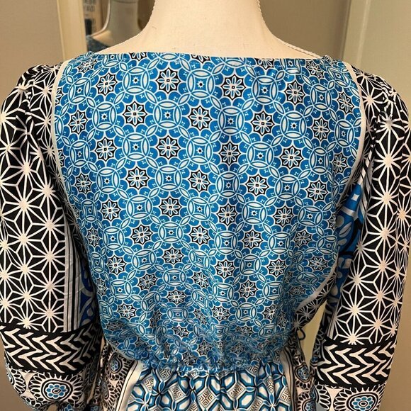 LOFT Blue & Black Ocean Mosaic Tassel Tie Midi Dress, Size Small - Picture 14 of 16